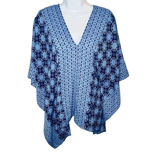 Miami Kaftan Style Mediterranean Print Top Flowy Blue M - Picture 1 of 9